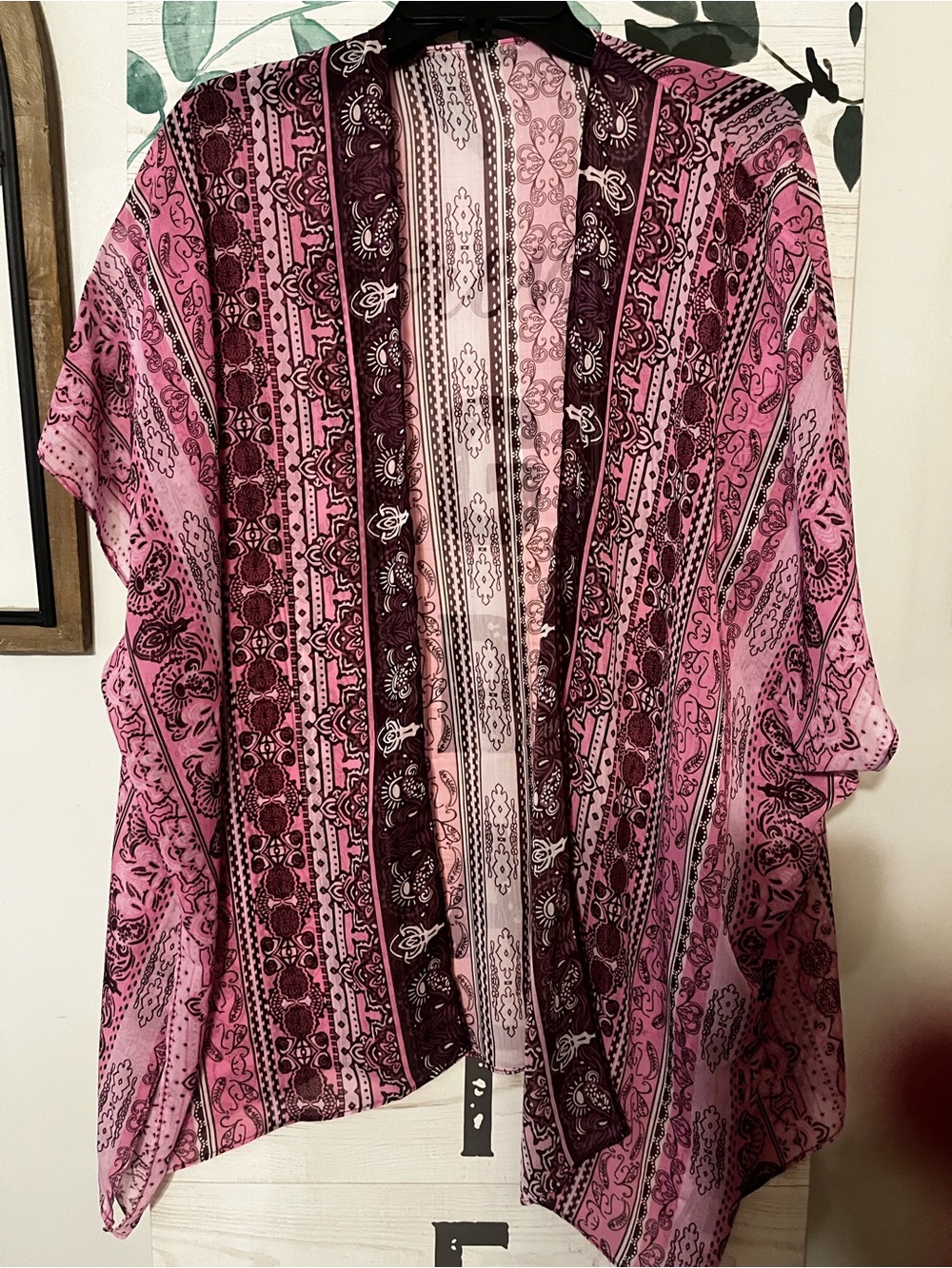 SHEIN Pink & Burgundy Printed Open-Front Kimono